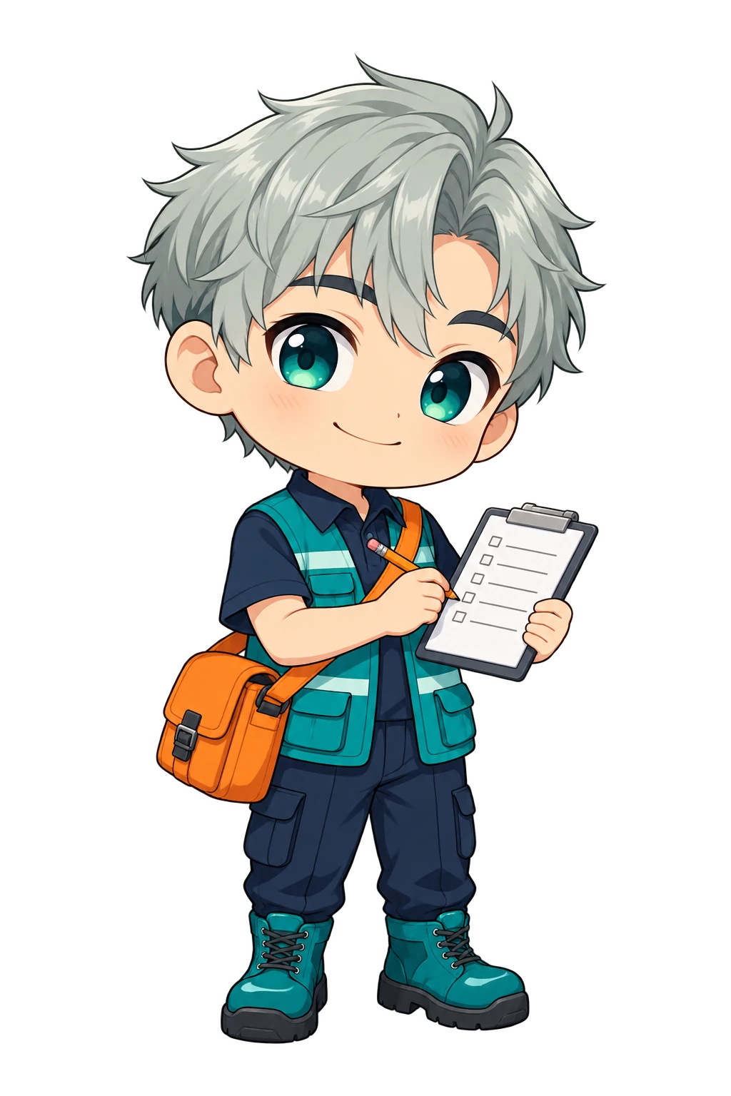 Maskot pembaca checklist dengan rompi teal, pensil, dan tas selempang oranye.