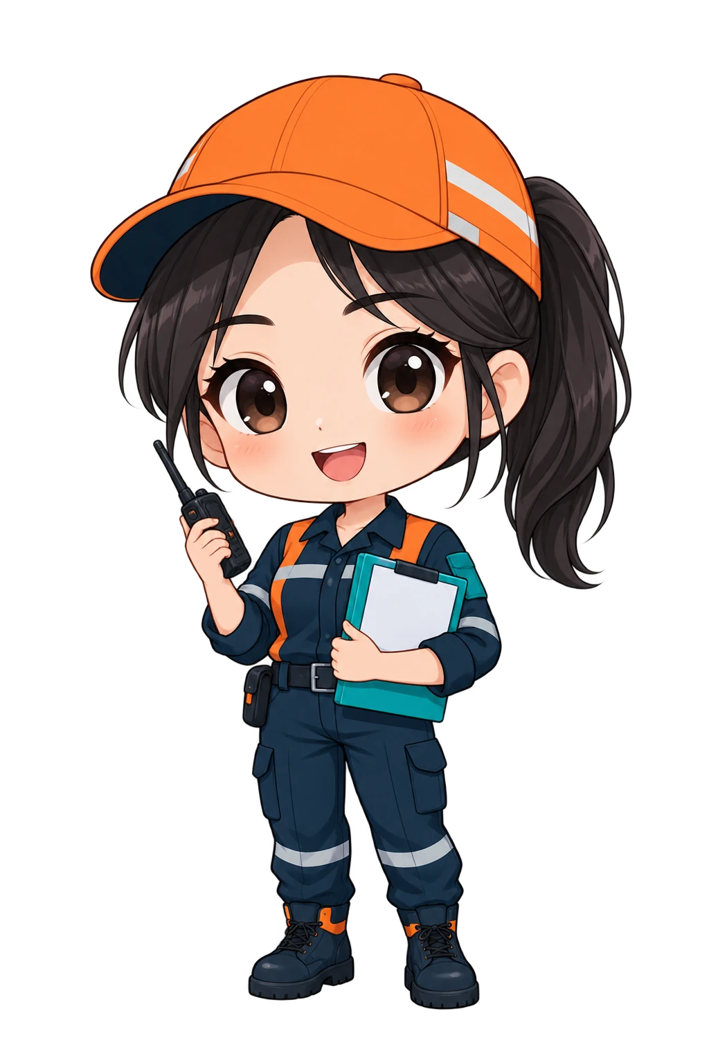 Maskot petugas gerbang dengan topi oranye, radio, dan map dokumen.