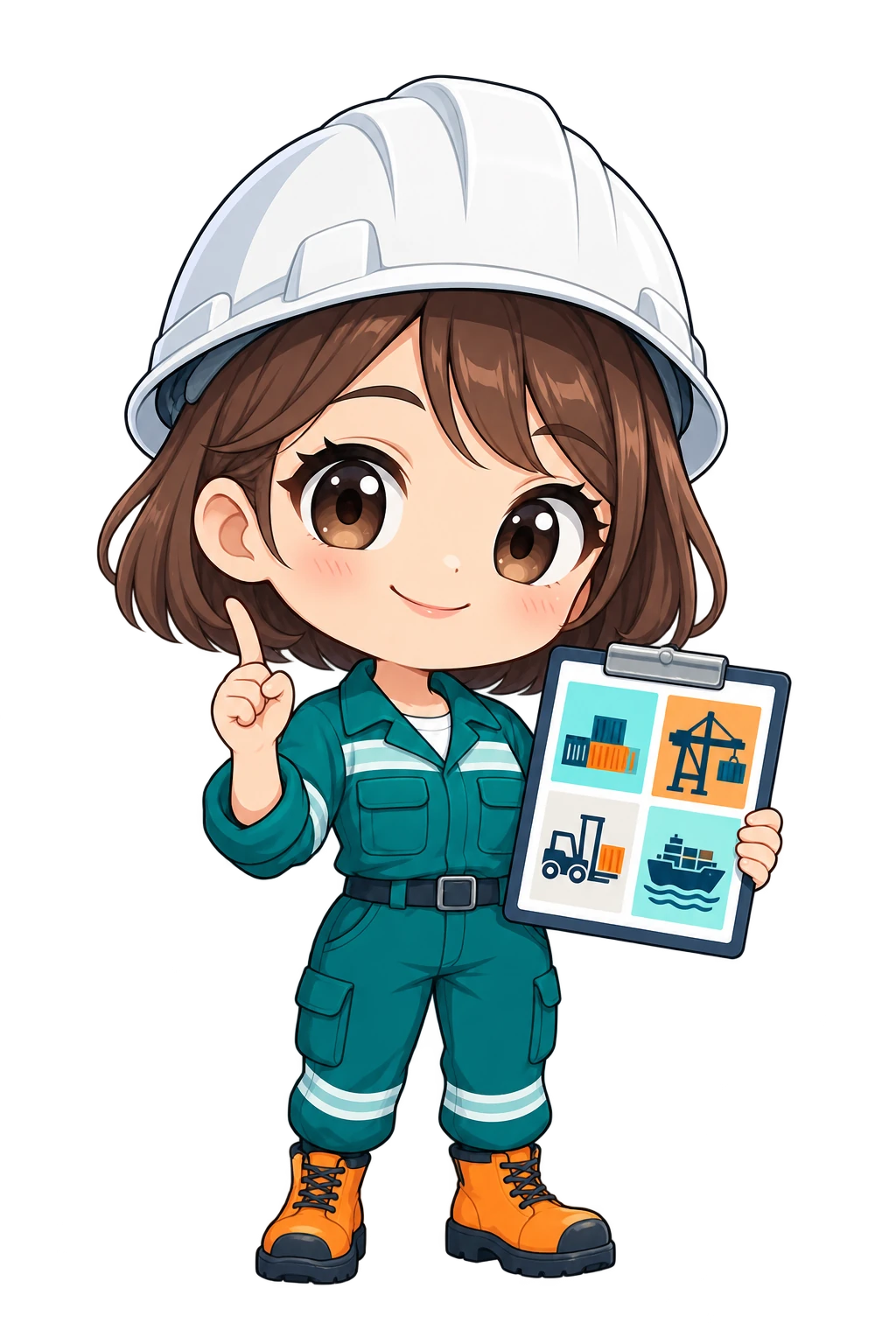 Maskot edukator berhelm putih membawa clipboard dan menunjuk ke atas.