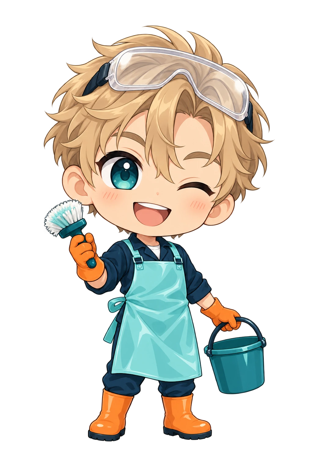 Maskot dengan kacamata pelindung, apron cyan, sikat, dan ember pembersihan.